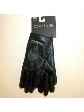 BEBE Black Crystal Logo Ladies Gloves S/M New